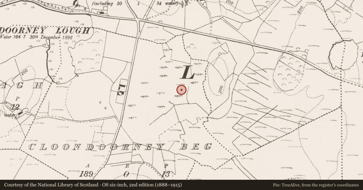 Ordnance Survey six-inch map, 2nd edition (1888–1915) covering the location of Quarry, Cloondoorney Beg, County Clare, with a pin at the register's coordinates