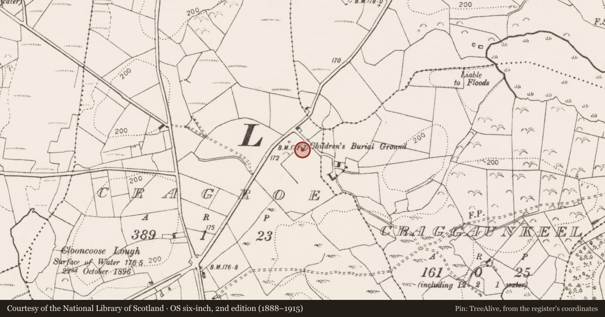 Ordnance Survey six-inch map, 2nd edition (1888–1915) covering the location of Children's burial ground, Cragroe, County Clare, with a pin at the register's coordinates