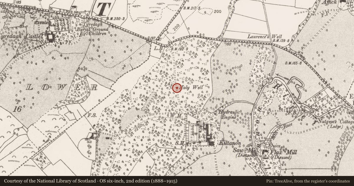 Ordnance Survey six-inch map, 2nd edition (1888–1915) covering the location of Ritual site - holy well, Kiltanon, County Clare, with a pin at the register's coordinates