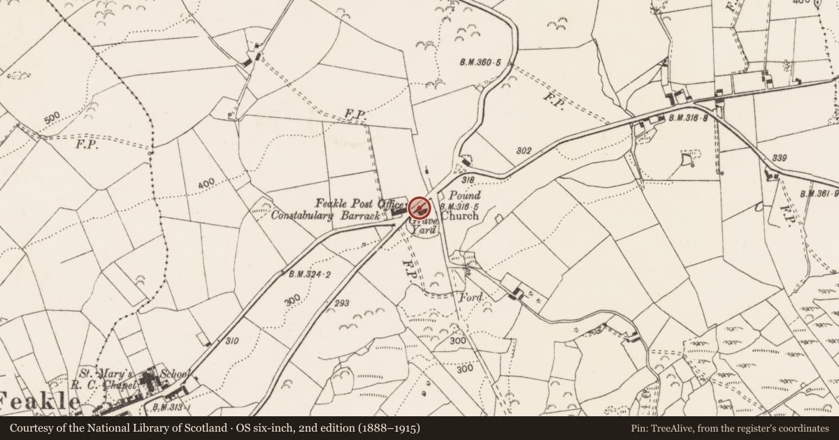 Ordnance Survey six-inch map, 2nd edition (1888–1915) covering the location of Church, Feakle, County Clare, with a pin at the register's coordinates