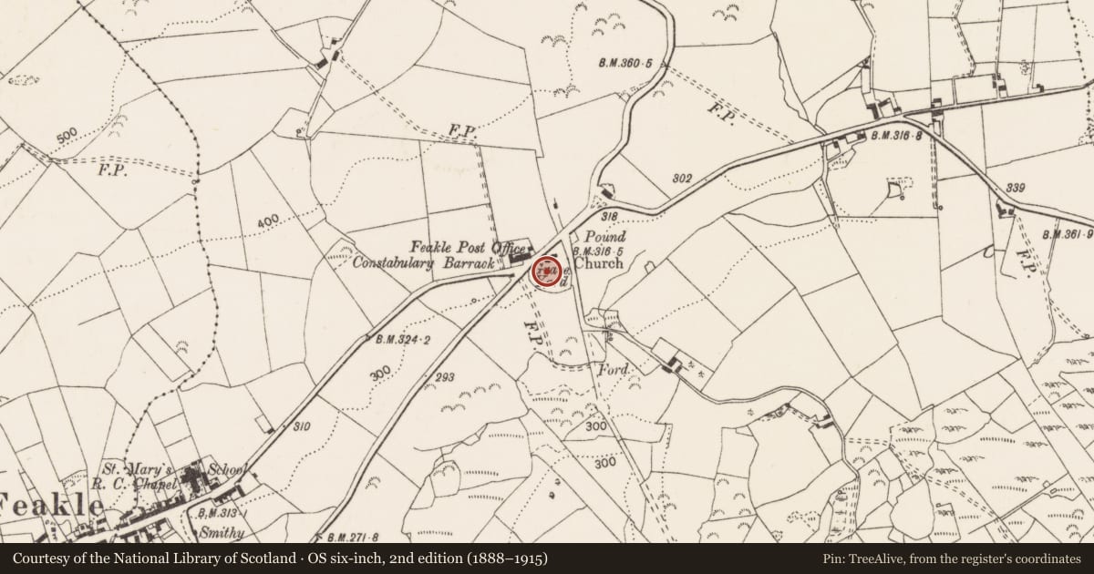 Ordnance Survey six-inch map, 2nd edition (1888–1915) covering the location of Graveyard, Feakle, County Clare, with a pin at the register's coordinates