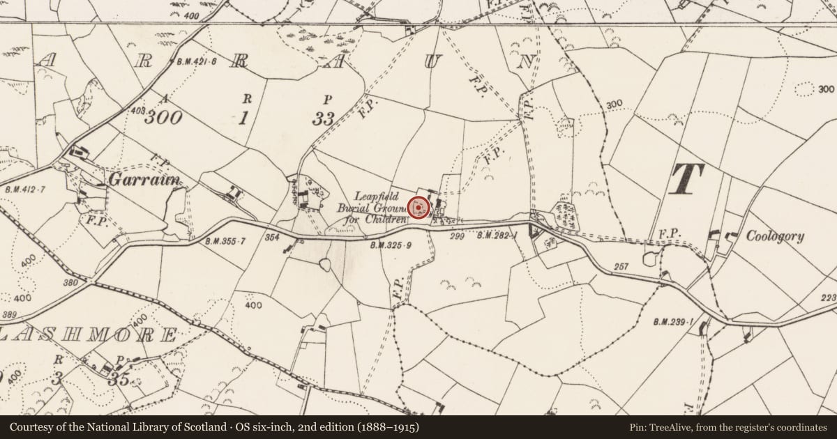Ordnance Survey six-inch map, 2nd edition (1888–1915) covering the location of Children's burial ground, Garraun, County Clare, with a pin at the register's coordinates