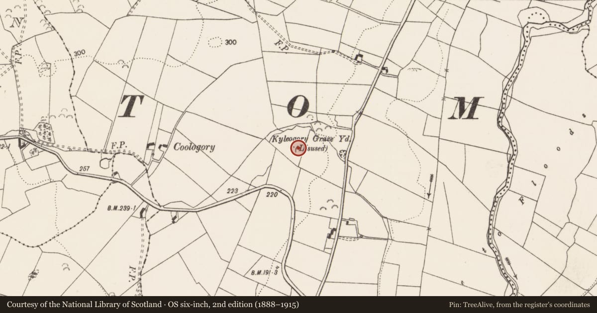 Ordnance Survey six-inch map, 2nd edition (1888–1915) covering the location of Children's burial ground, Coologory, County Clare, with a pin at the register's coordinates