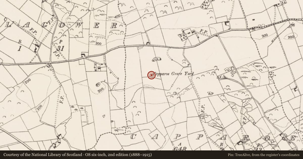 Ordnance Survey six-inch map, 2nd edition (1888–1915) covering the location of Children's burial ground, Capparoe, County Clare, with a pin at the register's coordinates