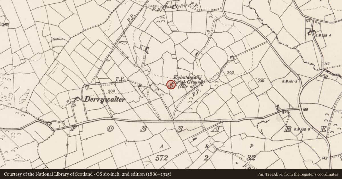 Ordnance Survey six-inch map, 2nd edition (1888–1915) covering the location of Children's burial ground, Fossa Beg, County Clare, with a pin at the register's coordinates