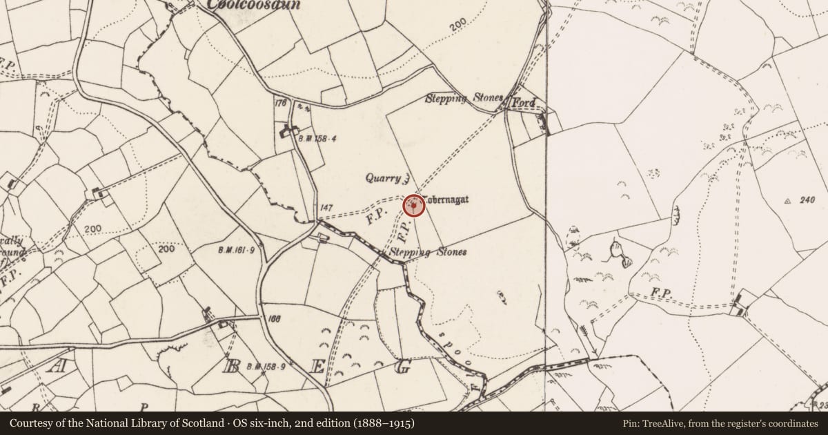 Ordnance Survey six-inch map, 2nd edition (1888–1915) covering the location of Ritual site - holy well, Tobernagat, County Clare, with a pin at the register's coordinates