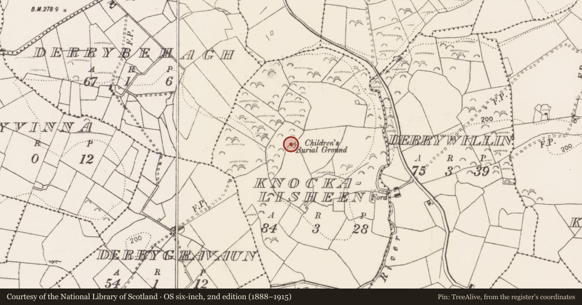 Ordnance Survey six-inch map, 2nd edition (1888–1915) covering the location of Children's burial ground, Knockalisheen, County Clare, with a pin at the register's coordinates