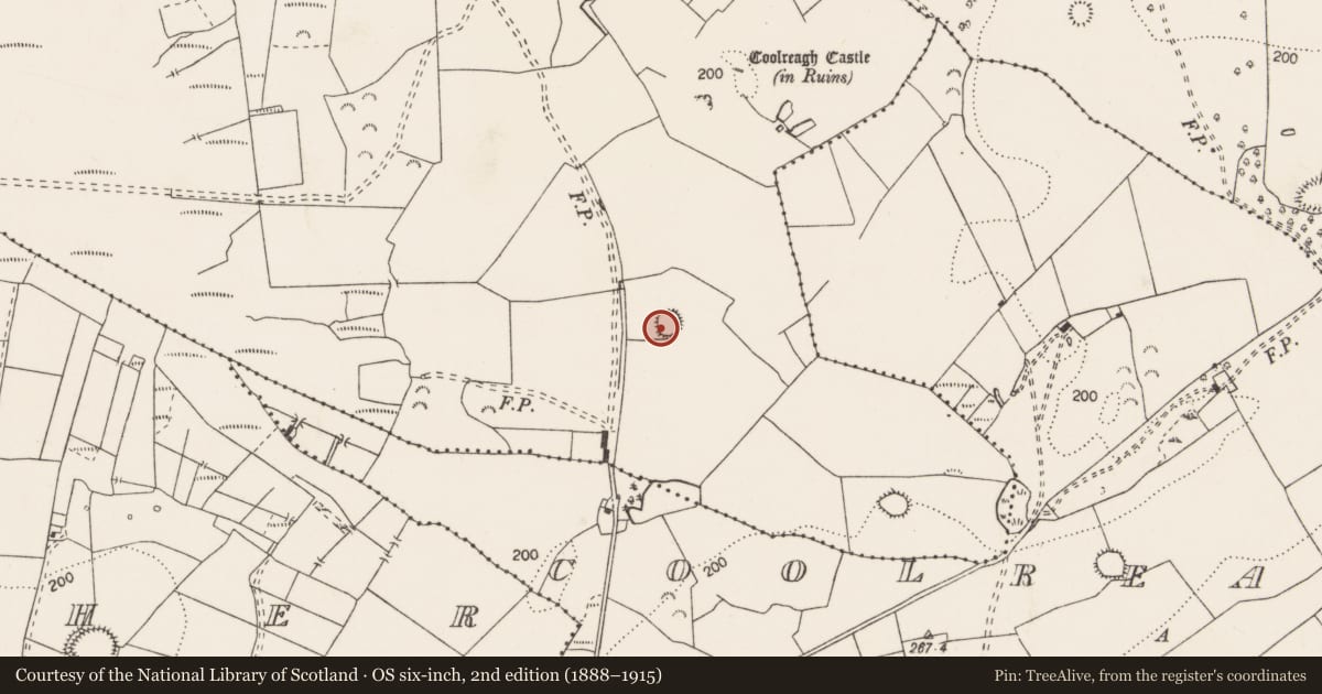 Ordnance Survey six-inch map, 2nd edition (1888–1915) covering the location of Enclosure, Coolreagh, County Clare, with a pin at the register's coordinates