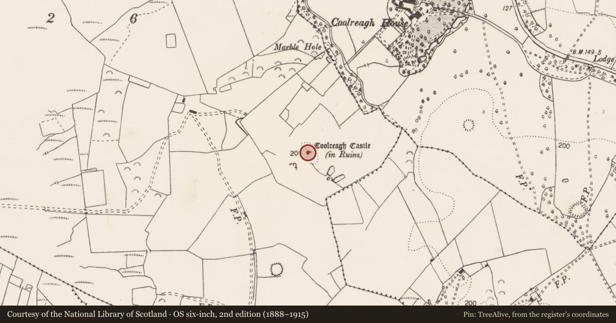 Ordnance Survey six-inch map, 2nd edition (1888–1915) covering the location of Castle - tower house, Coolreagh, County Clare, with a pin at the register's coordinates