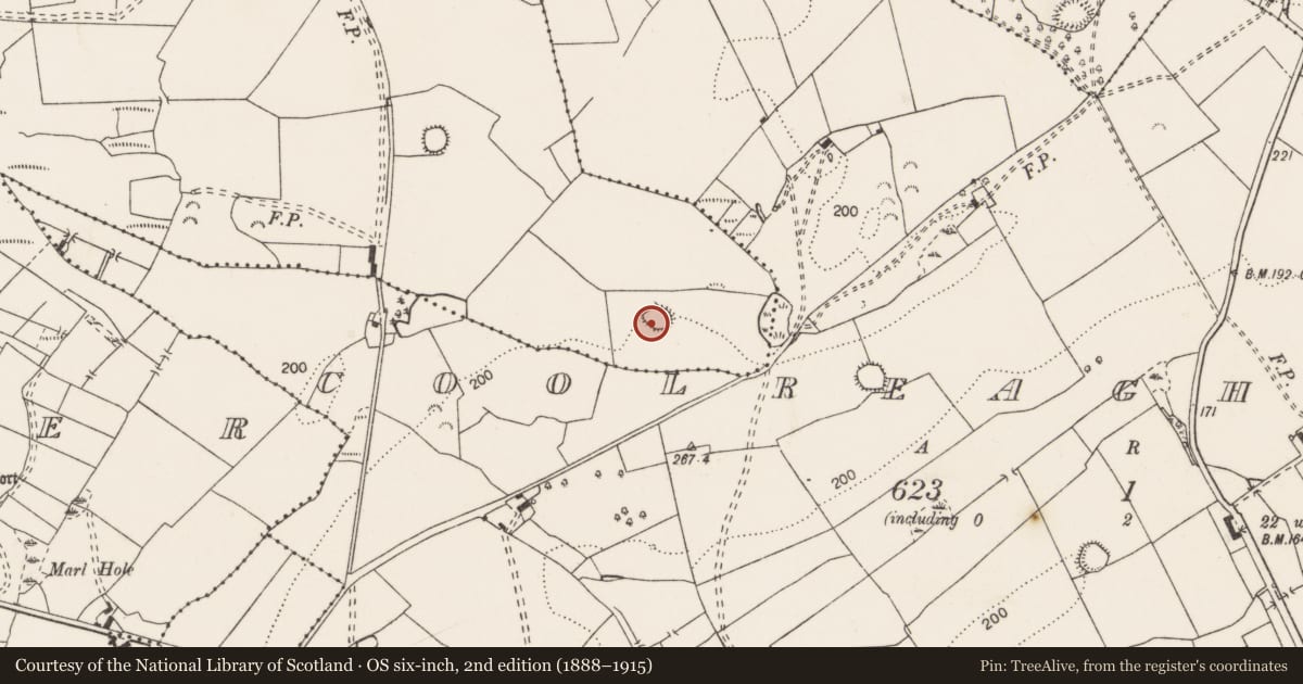 Ordnance Survey six-inch map, 2nd edition (1888–1915) covering the location of Enclosure, Coolreagh, County Clare, with a pin at the register's coordinates