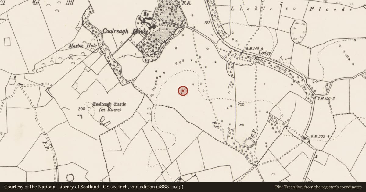Ordnance Survey six-inch map, 2nd edition (1888–1915) covering the location of Enclosure, Coolreagh Beg, County Clare, with a pin at the register's coordinates