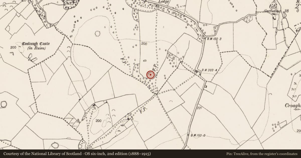 Ordnance Survey six-inch map, 2nd edition (1888–1915) covering the location of Ringfort - rath, Coolreagh Beg, County Clare, with a pin at the register's coordinates