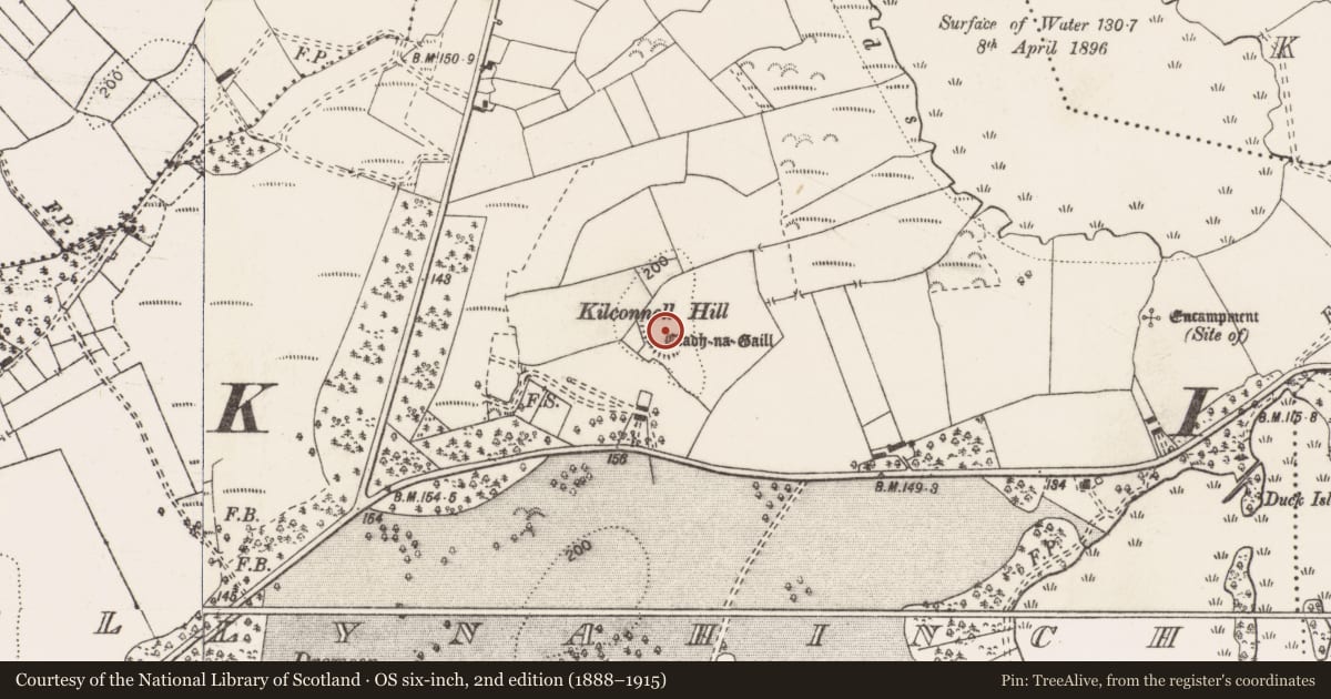 Ordnance Survey six-inch map, 2nd edition (1888–1915) covering the location of Hilltop enclosure, Ballynahinch, County Clare, with a pin at the register's coordinates