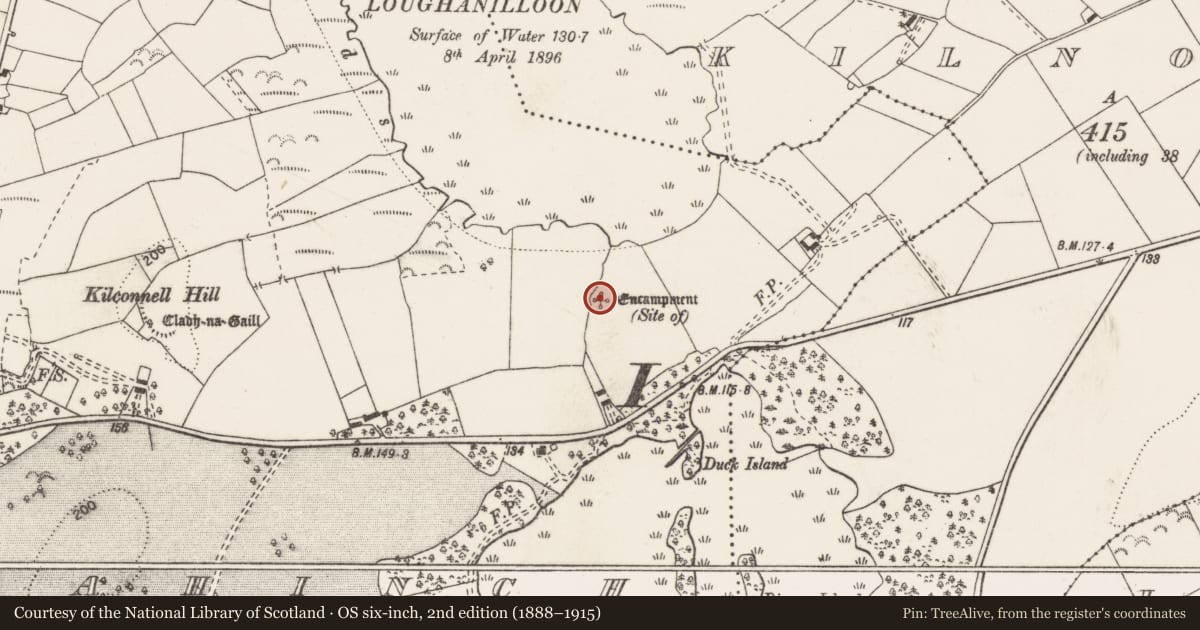 Ordnance Survey six-inch map, 2nd edition (1888–1915) covering the location of Linear earthwork, Ballynahinch, County Clare, with a pin at the register's coordinates
