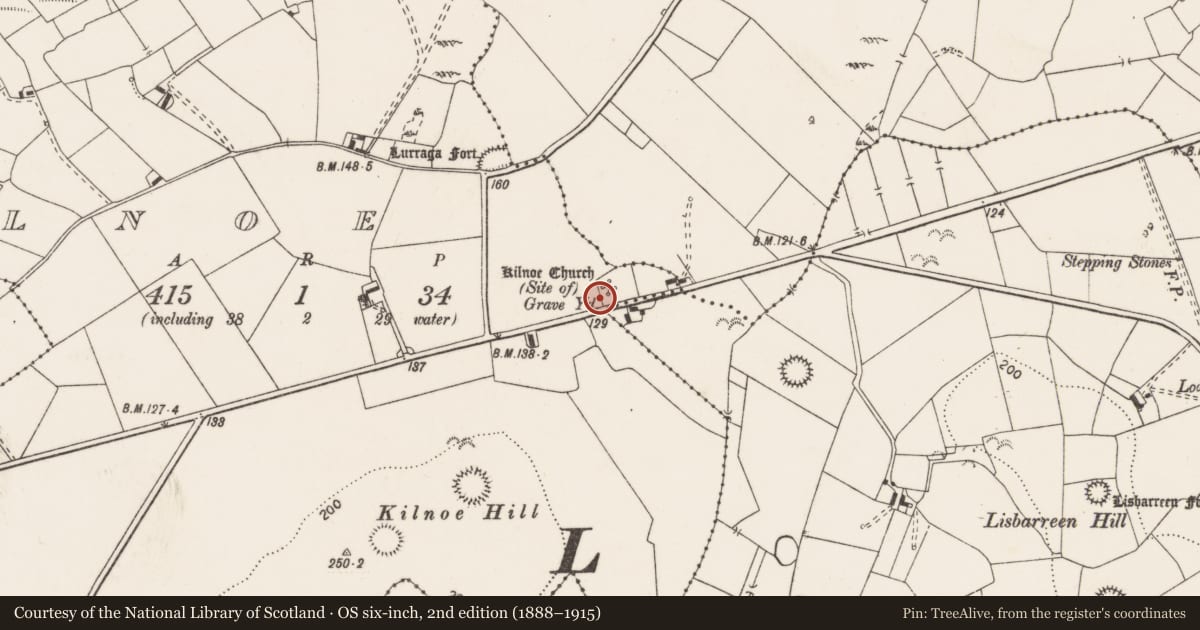 Ordnance Survey six-inch map, 2nd edition (1888–1915) covering the location of Church, Kilnoe, County Clare, with a pin at the register's coordinates