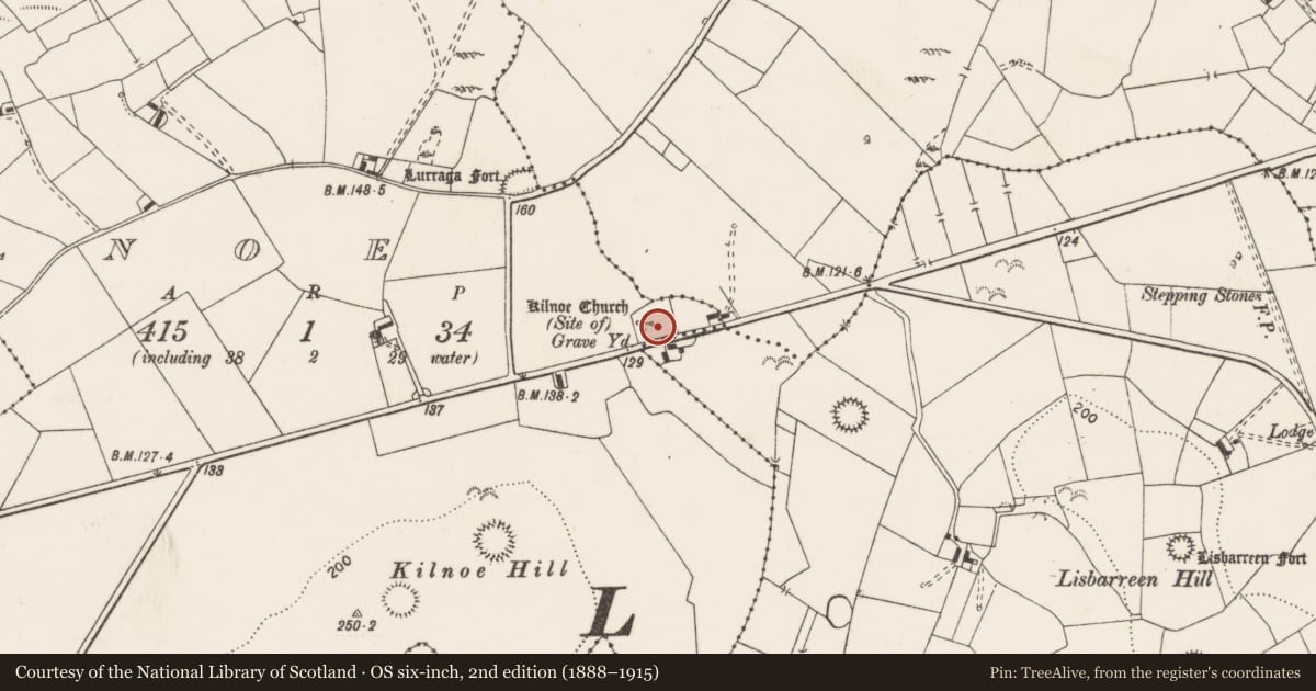 Ordnance Survey six-inch map, 2nd edition (1888–1915) covering the location of Graveyard, Kilnoe, County Clare, with a pin at the register's coordinates