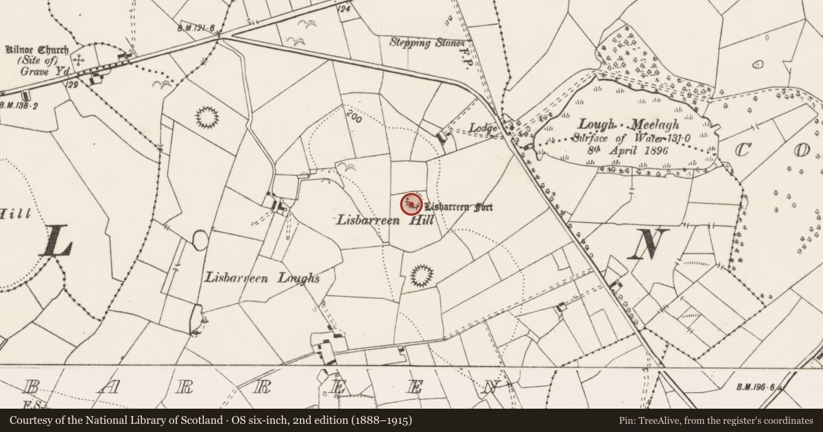 Ordnance Survey six-inch map, 2nd edition (1888–1915) covering the location of Ringfort - rath, Lisbarreen, County Clare, with a pin at the register's coordinates