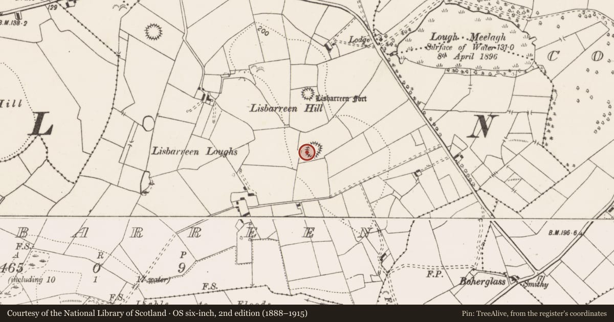 Ordnance Survey six-inch map, 2nd edition (1888–1915) covering the location of House - indeterminate date, Lisbarreen, County Clare, with a pin at the register's coordinates