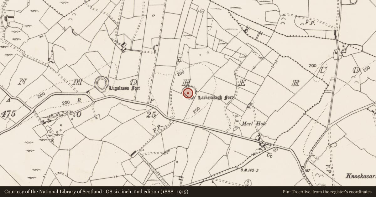 Ordnance Survey six-inch map, 2nd edition (1888–1915) covering the location of Ringfort - rath, Clonmoher, County Clare, with a pin at the register's coordinates