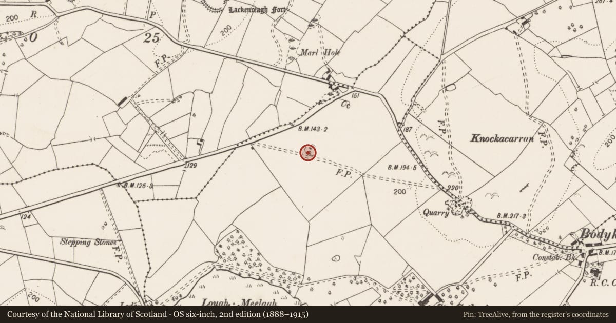 Ordnance Survey six-inch map, 2nd edition (1888–1915) covering the location of Ringfort - rath, Coolready, County Clare, with a pin at the register's coordinates