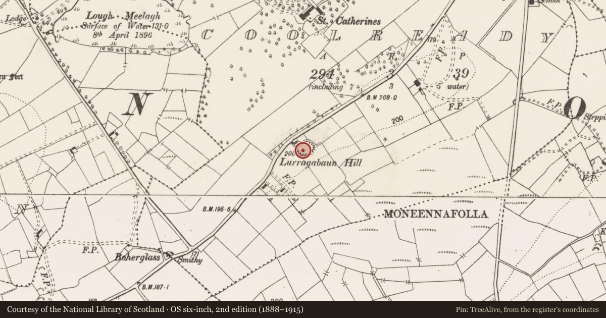 Ordnance Survey six-inch map, 2nd edition (1888–1915) covering the location of Ringfort - rath, Coolready, County Clare, with a pin at the register's coordinates