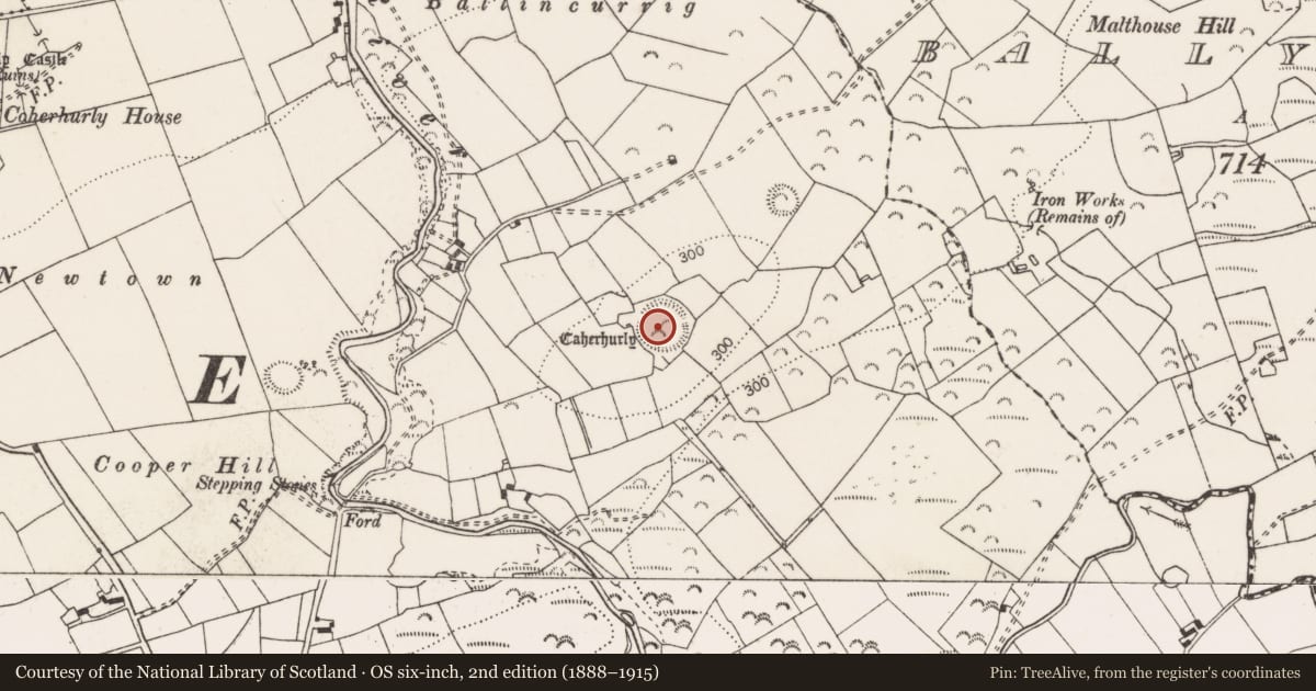 Ordnance Survey six-inch map, 2nd edition (1888–1915) covering the location of Ringfort - rath, Caherhurly, County Clare, with a pin at the register's coordinates