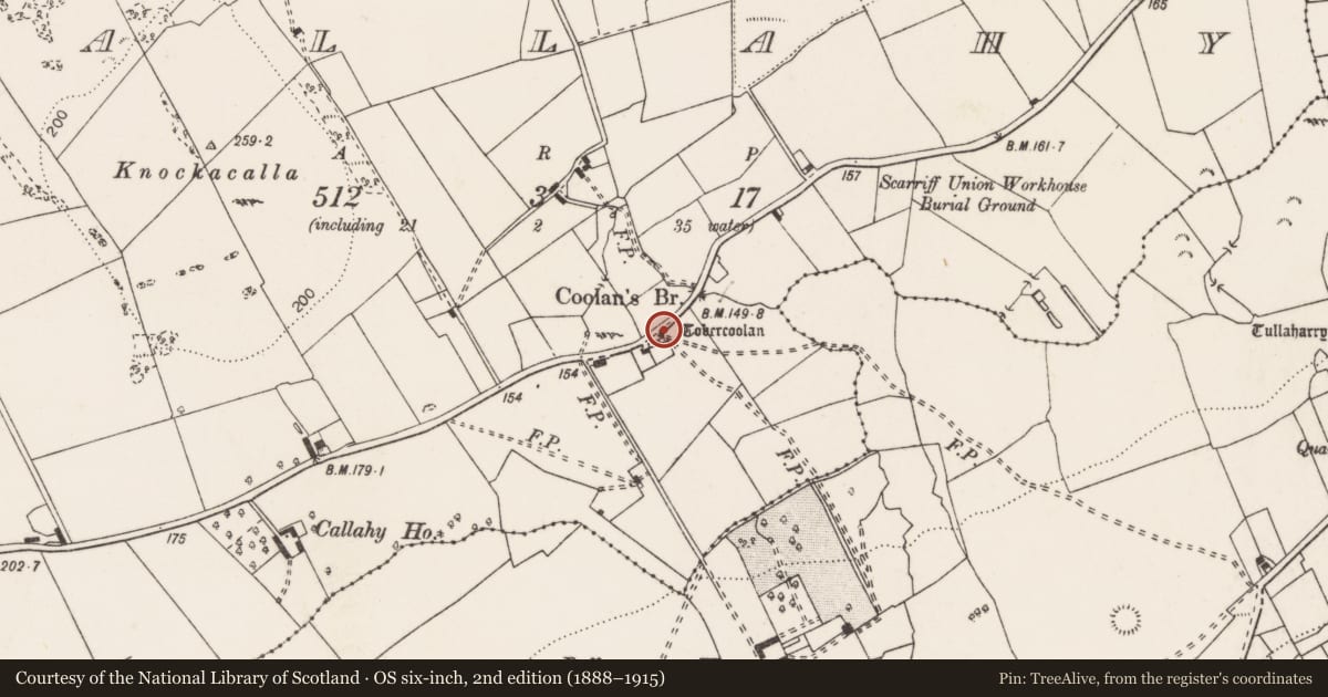 Ordnance Survey six-inch map, 2nd edition (1888–1915) covering the location of Ritual site - holy well, Callahy, County Clare, with a pin at the register's coordinates