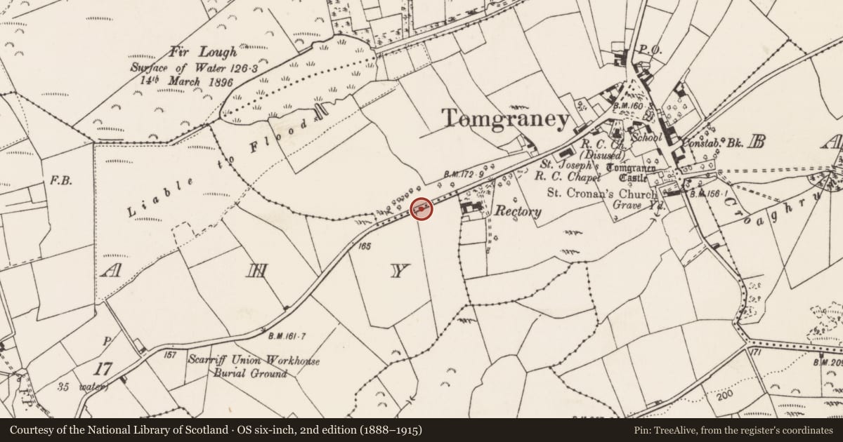 Ordnance Survey six-inch map, 2nd edition (1888–1915) covering the location of Standing stone, Callahy, County Clare, with a pin at the register's coordinates