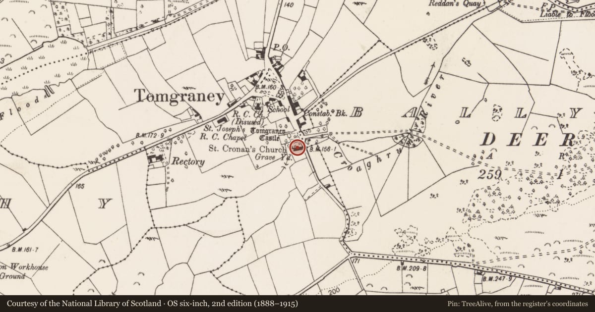 Ordnance Survey six-inch map, 2nd edition (1888–1915) covering the location of Church, Tomgraney, County Clare, with a pin at the register's coordinates