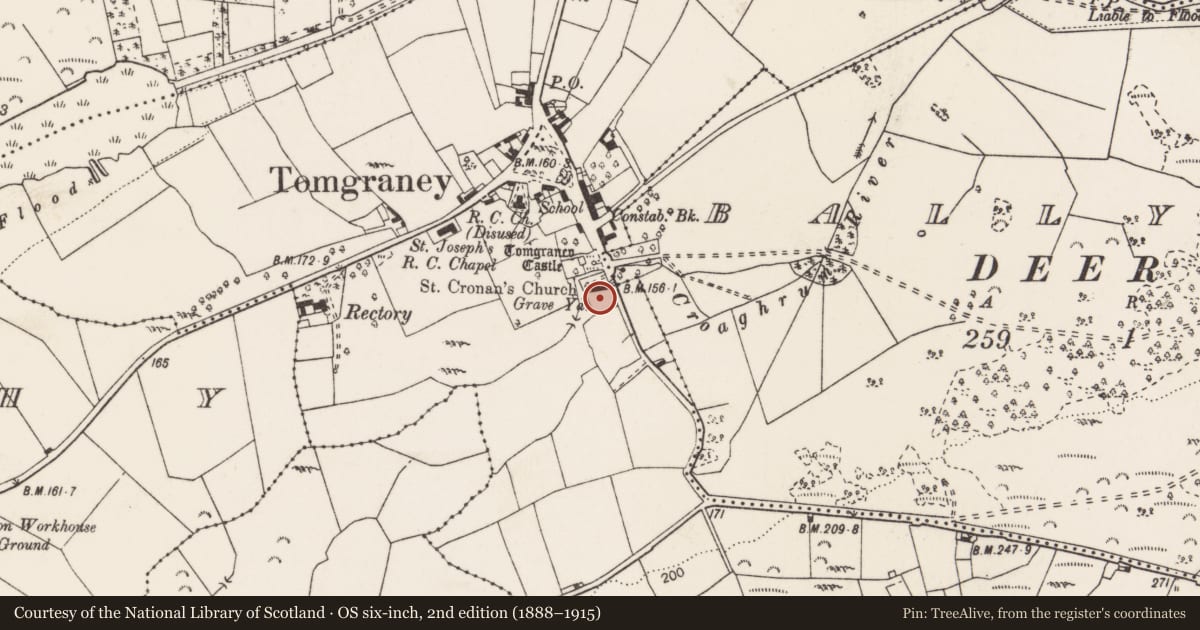 Ordnance Survey six-inch map, 2nd edition (1888–1915) covering the location of Graveyard, Tomgraney, County Clare, with a pin at the register's coordinates