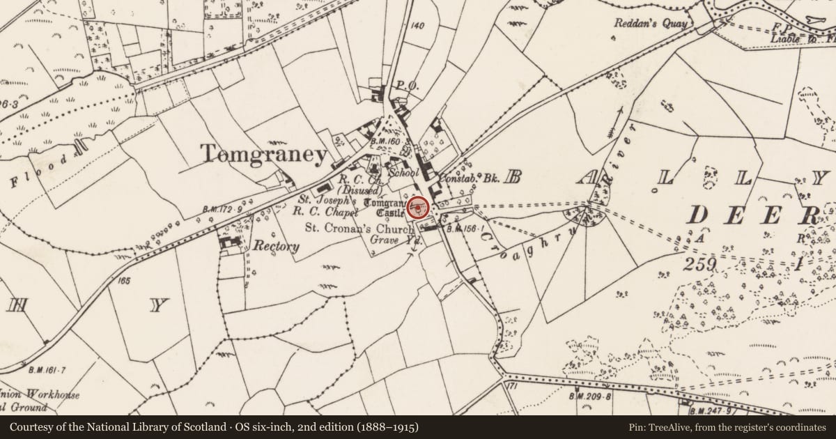 Ordnance Survey six-inch map, 2nd edition (1888–1915) covering the location of Castle - tower house, Tomgraney, County Clare, with a pin at the register's coordinates