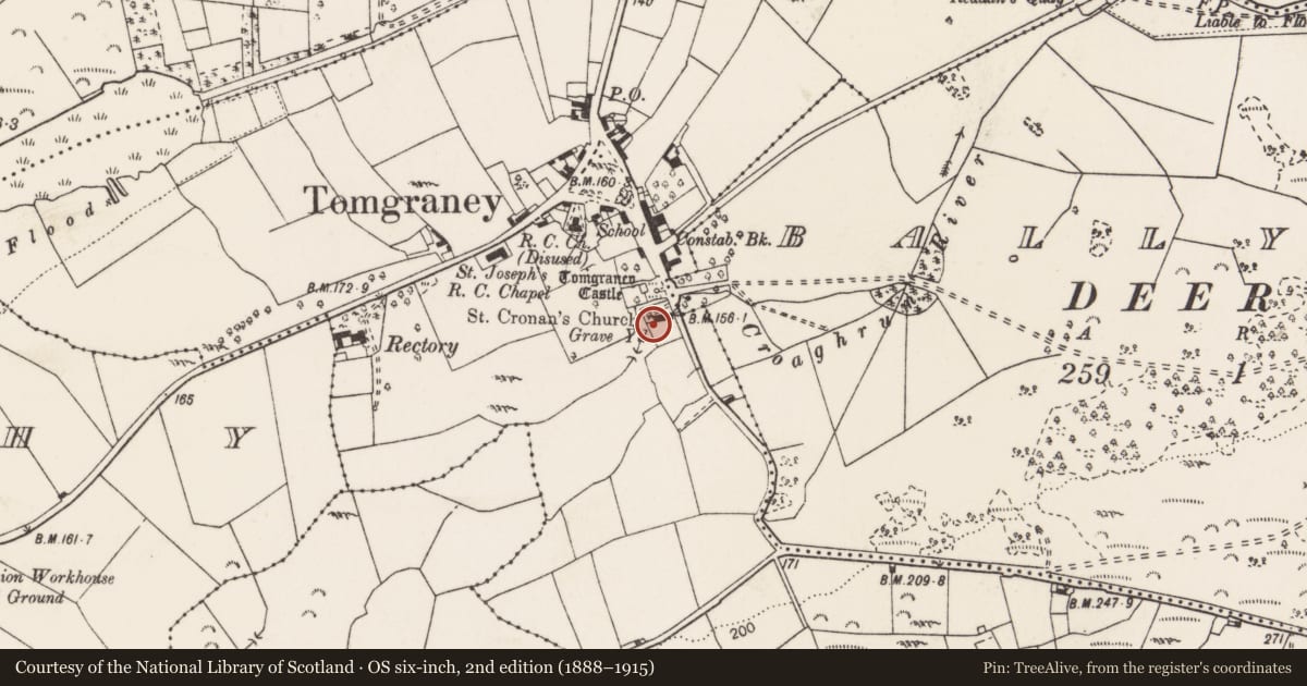 Ordnance Survey six-inch map, 2nd edition (1888–1915) covering the location of Round tower, Tomgraney, County Clare, with a pin at the register's coordinates