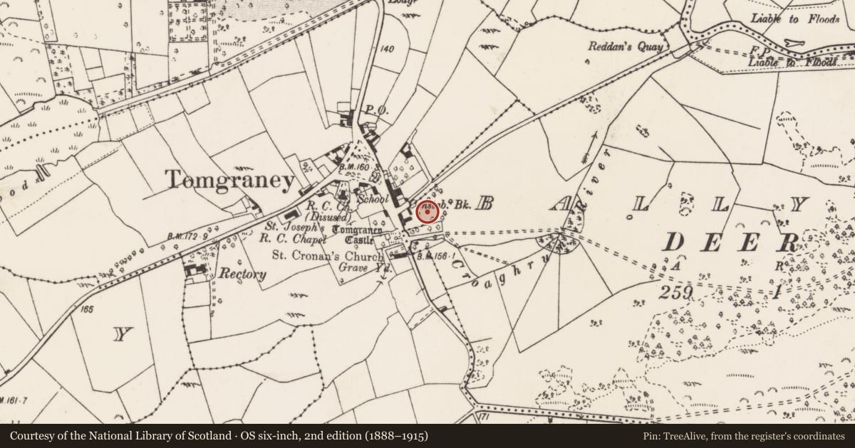 Ordnance Survey six-inch map, 2nd edition (1888–1915) covering the location of Burnt spread, Ballyquin, County Clare, with a pin at the register's coordinates