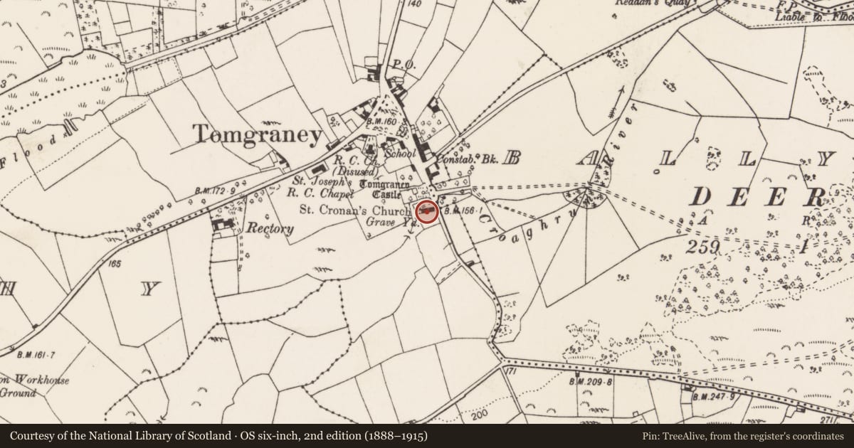 Ordnance Survey six-inch map, 2nd edition (1888–1915) covering the location of Cross-slab, Tomgraney, County Clare, with a pin at the register's coordinates