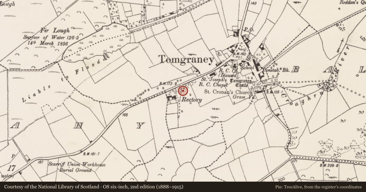 Ordnance Survey six-inch map, 2nd edition (1888–1915) covering the location of Standing stone - pair, Tomgraney, County Clare, with a pin at the register's coordinates
