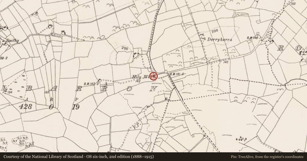 Ordnance Survey six-inch map, 2nd edition (1888–1915) covering the location of Ritual site - holy well, Kilbarron, County Clare, with a pin at the register's coordinates