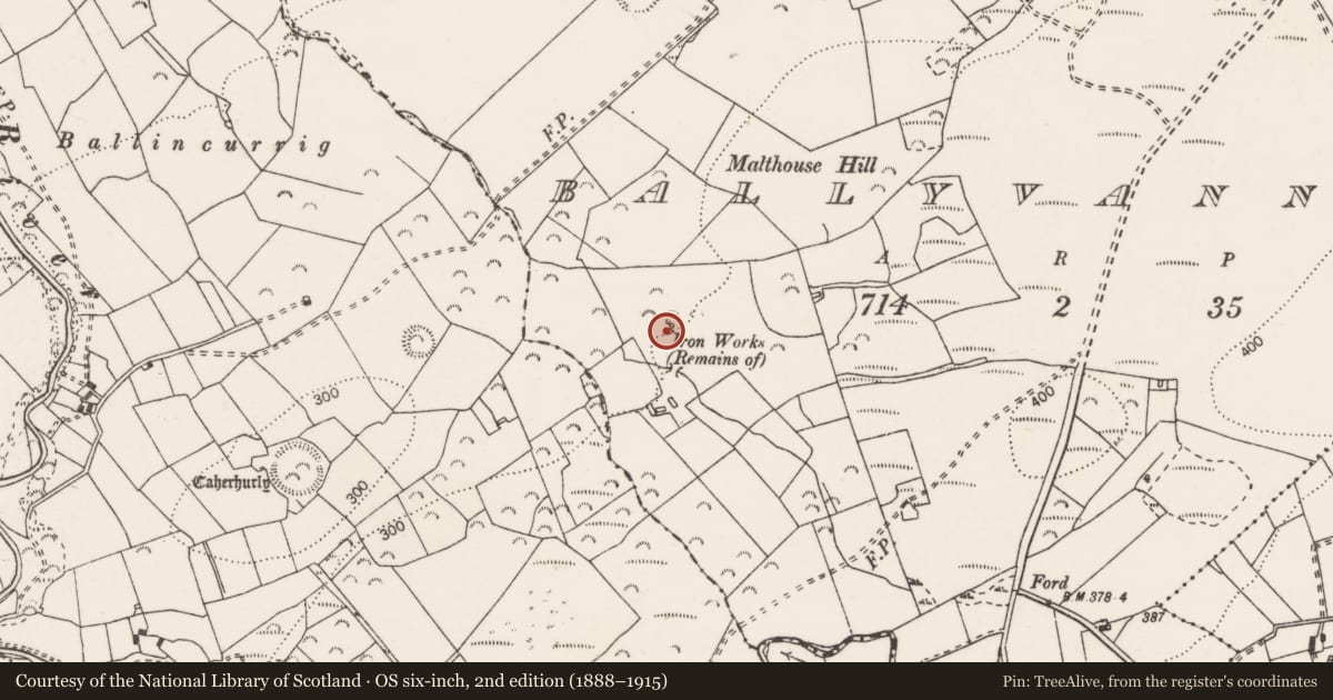 Ordnance Survey six-inch map, 2nd edition (1888–1915) covering the location of Kiln - lime, Ballyvannan, County Clare, with a pin at the register's coordinates