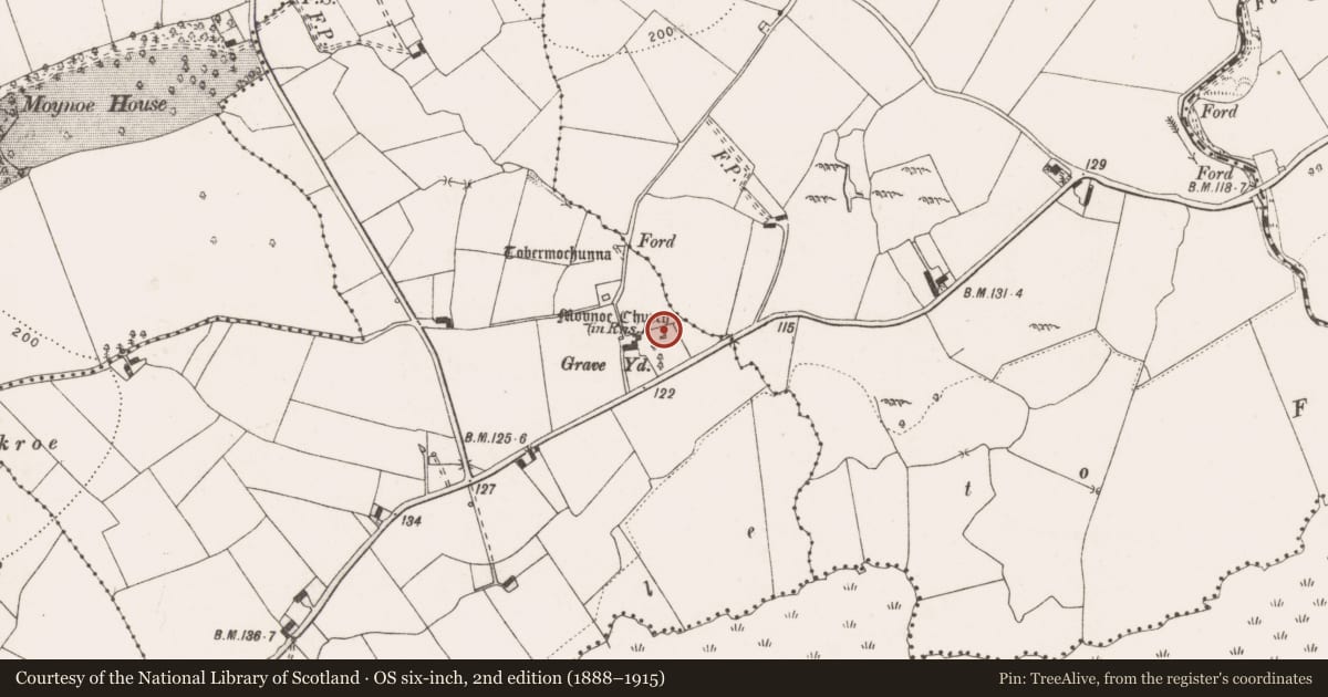 Ordnance Survey six-inch map, 2nd edition (1888–1915) covering the location of Church, Moynoe, County Clare, with a pin at the register's coordinates