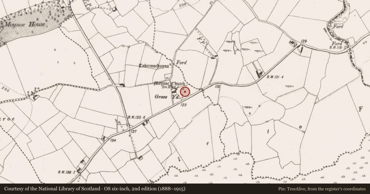 Ordnance Survey six-inch map, 2nd edition (1888–1915) covering the location of Graveyard, Moynoe, County Clare, with a pin at the register's coordinates
