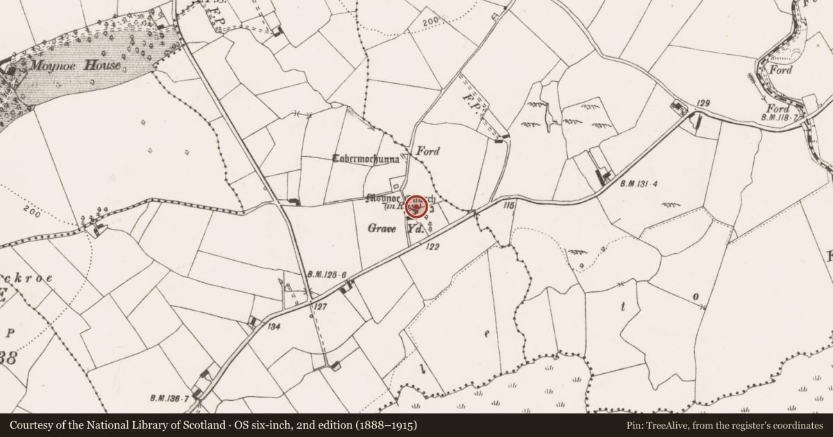 Ordnance Survey six-inch map, 2nd edition (1888–1915) covering the location of Castle - tower house, Moynoe, County Clare, with a pin at the register's coordinates