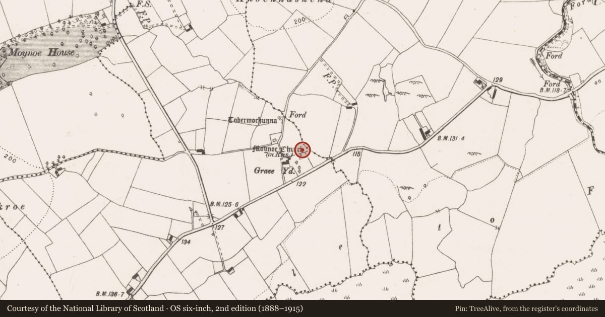 Ordnance Survey six-inch map, 2nd edition (1888–1915) covering the location of Bullaun stone, Moynoe, County Clare, with a pin at the register's coordinates