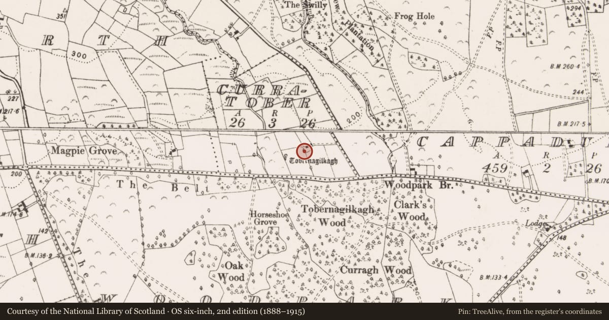 Ordnance Survey six-inch map, 2nd edition (1888–1915) covering the location of Ritual site - holy well, Curratober, County Clare, with a pin at the register's coordinates