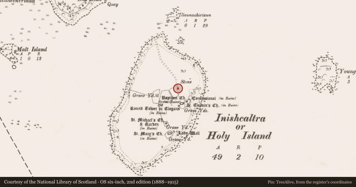 Ordnance Survey six-inch map, 2nd edition (1888–1915) covering the location of Field system, Inishcaltra Or Holy Island, County Clare, with a pin at the register's coordinates