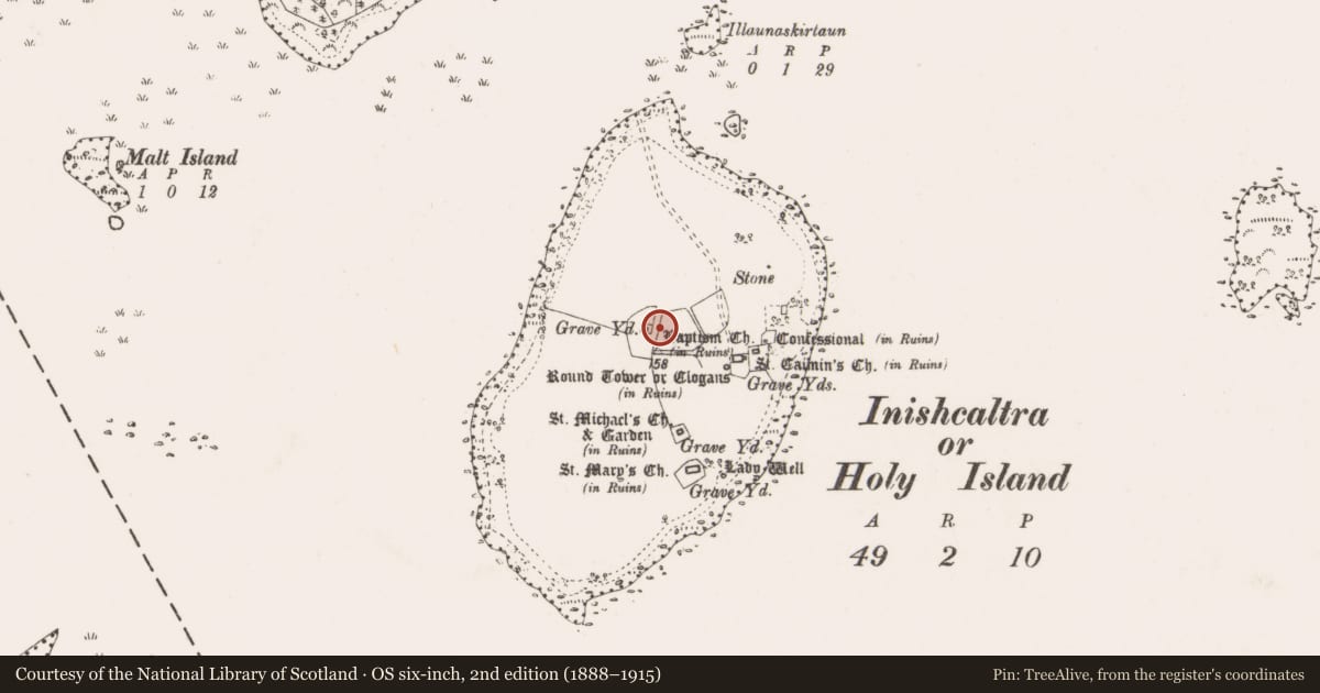Ordnance Survey six-inch map, 2nd edition (1888–1915) covering the location of Church, Inishcaltra Or Holy Island, County Clare, with a pin at the register's coordinates