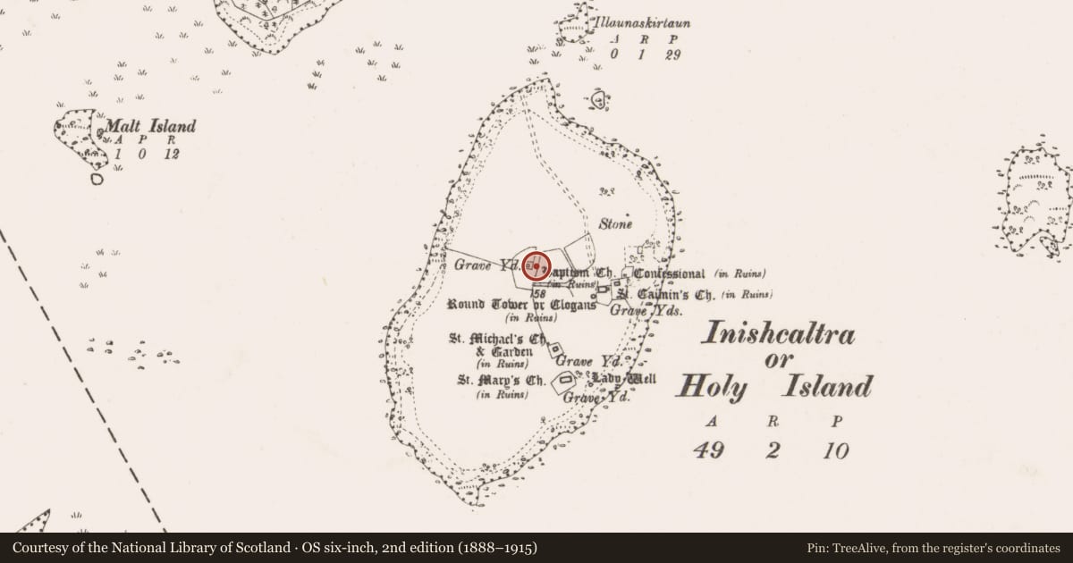 Ordnance Survey six-inch map, 2nd edition (1888–1915) covering the location of Graveyard, Inishcaltra Or Holy Island, County Clare, with a pin at the register's coordinates