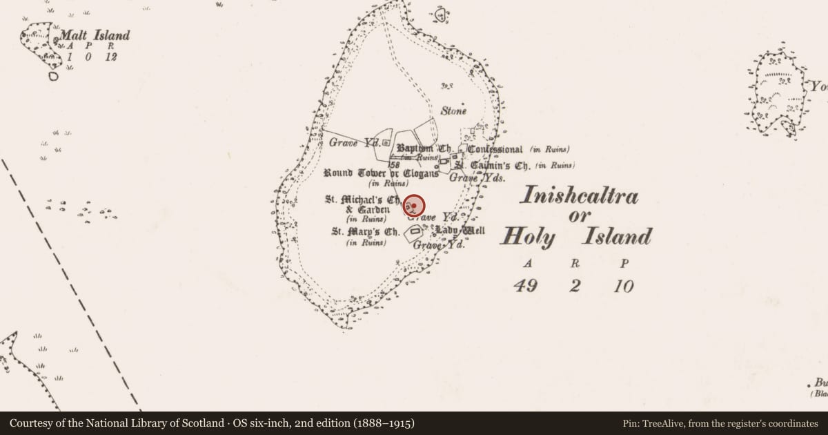 Ordnance Survey six-inch map, 2nd edition (1888–1915) covering the location of Church, Inishcaltra Or Holy Island, County Clare, with a pin at the register's coordinates