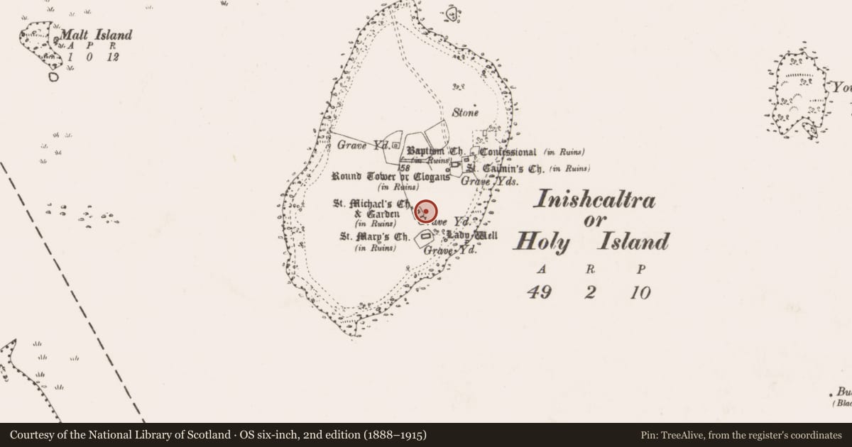 Ordnance Survey six-inch map, 2nd edition (1888–1915) covering the location of Graveyard, Inishcaltra Or Holy Island, County Clare, with a pin at the register's coordinates