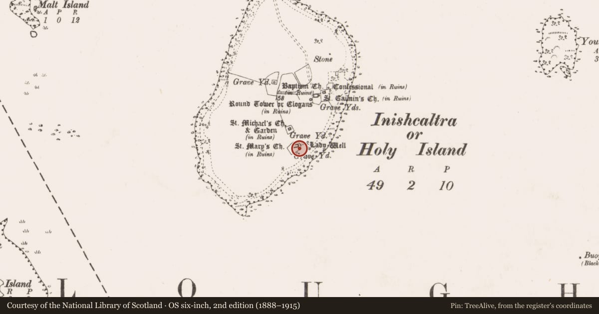 Ordnance Survey six-inch map, 2nd edition (1888–1915) covering the location of Graveyard, Inishcaltra Or Holy Island, County Clare, with a pin at the register's coordinates