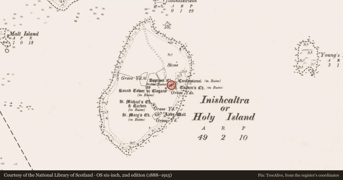 Ordnance Survey six-inch map, 2nd edition (1888–1915) covering the location of Church, Inishcaltra Or Holy Island, County Clare, with a pin at the register's coordinates