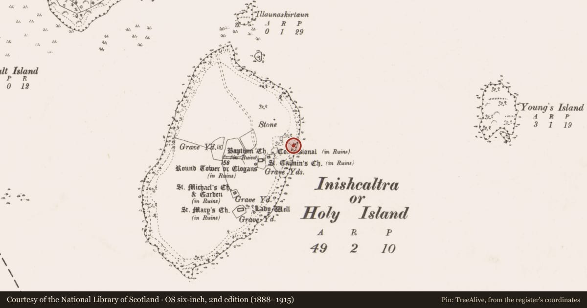Ordnance Survey six-inch map, 2nd edition (1888–1915) covering the location of Penitential station, Inishcaltra Or Holy Island, County Clare, with a pin at the register's coordinates